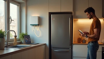 A person in a kitchen reviewing energy calculations on a laptop, with a refrigerator, solar panel, and battery system in the background.